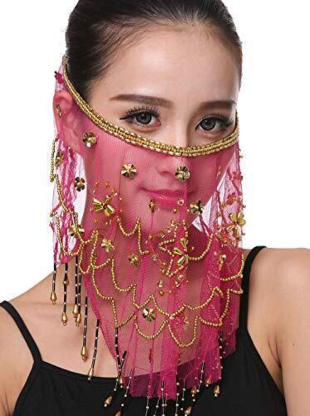 9997 Belly Dance Face Veil with Beads Sequins Halloween Genie Costume